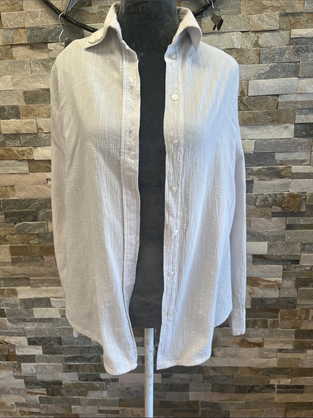 H&M Textured Button-Up Shirt in Soft white silver
